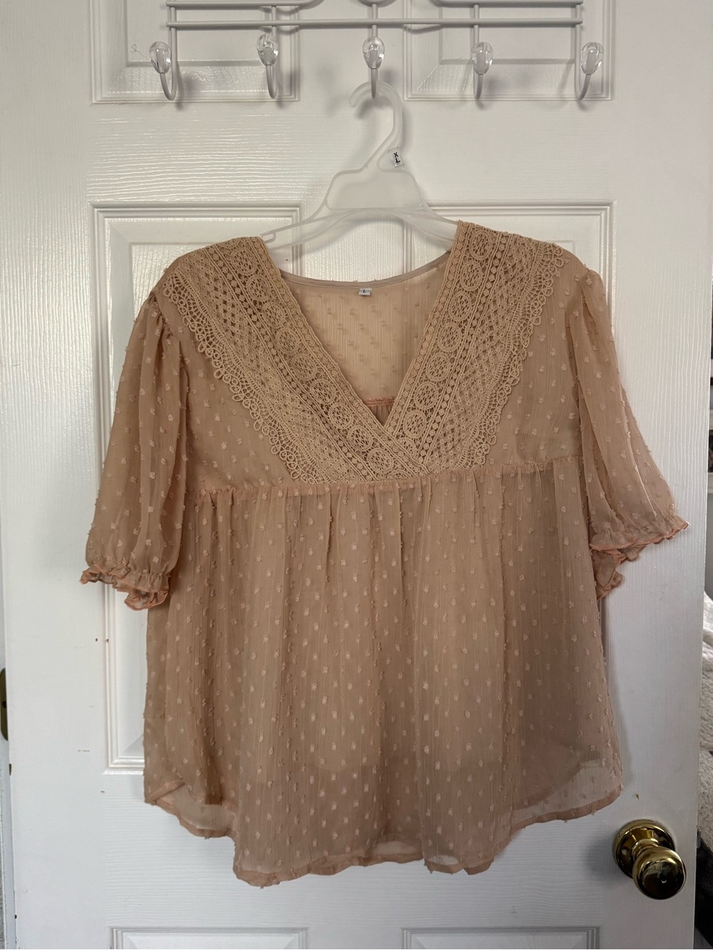 Women’s Swiss Dot Lace V-Neck Blouse - Cream Tan